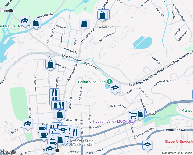 map of restaurants, bars, coffee shops, grocery stores, and more near 1 Rolling Way in Peekskill