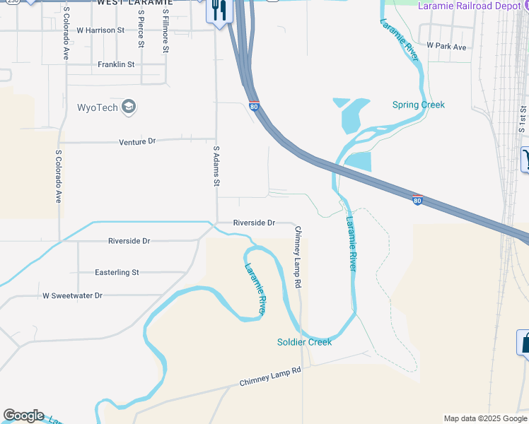 map of restaurants, bars, coffee shops, grocery stores, and more near 1364 Commerce Drive in Laramie