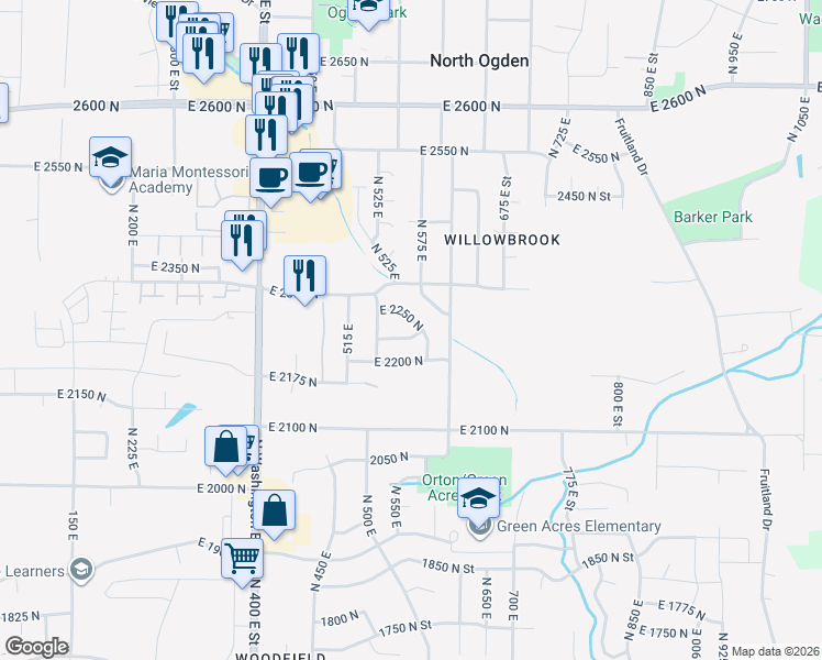 map of restaurants, bars, coffee shops, grocery stores, and more near 571 East 2250 North in North Ogden