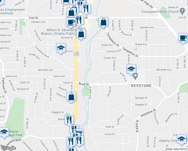 map of restaurants, bars, coffee shops, grocery stores, and more near 4350 North 88th Plaza in Omaha