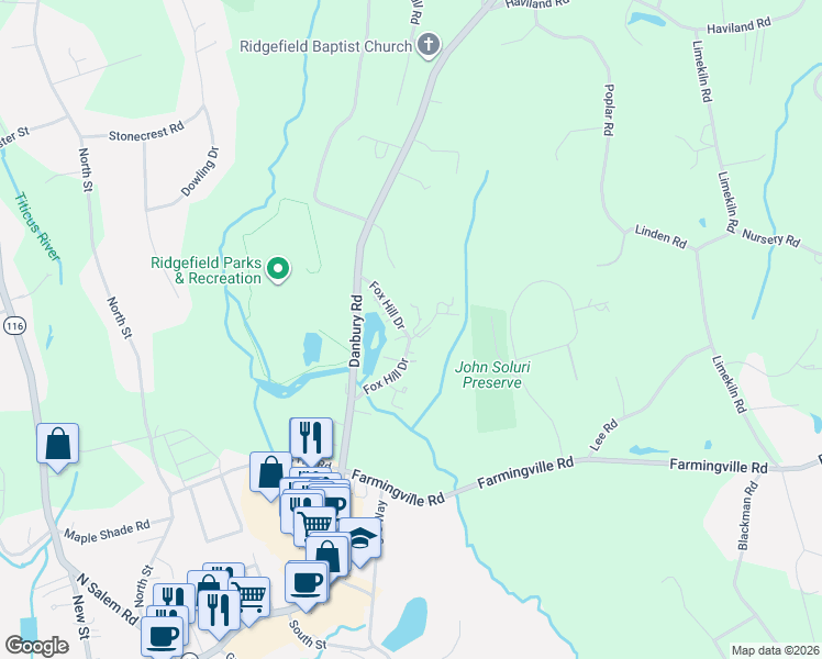 map of restaurants, bars, coffee shops, grocery stores, and more near 1 Forest lane in Ridgefield