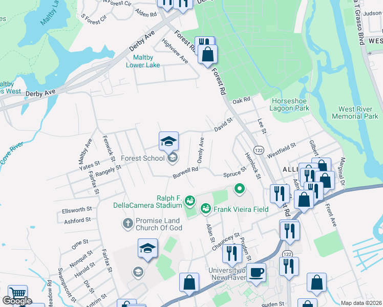 map of restaurants, bars, coffee shops, grocery stores, and more near 39 Josephine Avenue in West Haven