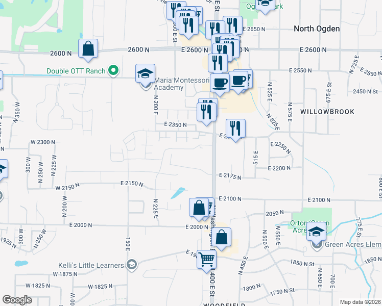 map of restaurants, bars, coffee shops, grocery stores, and more near 342 East 2275 North in North Ogden