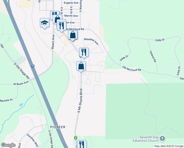 map of restaurants, bars, coffee shops, grocery stores, and more near 1501 Village Way in Mount Shasta