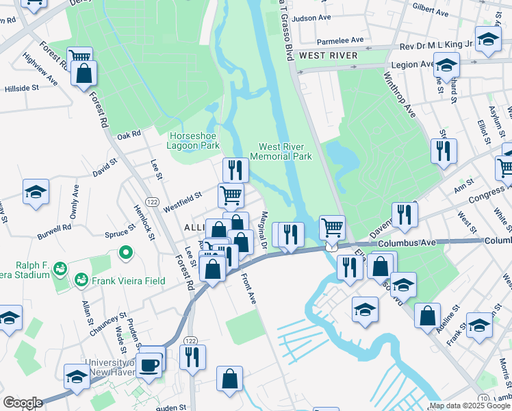 map of restaurants, bars, coffee shops, grocery stores, and more near 51 Orlando Street in West Haven