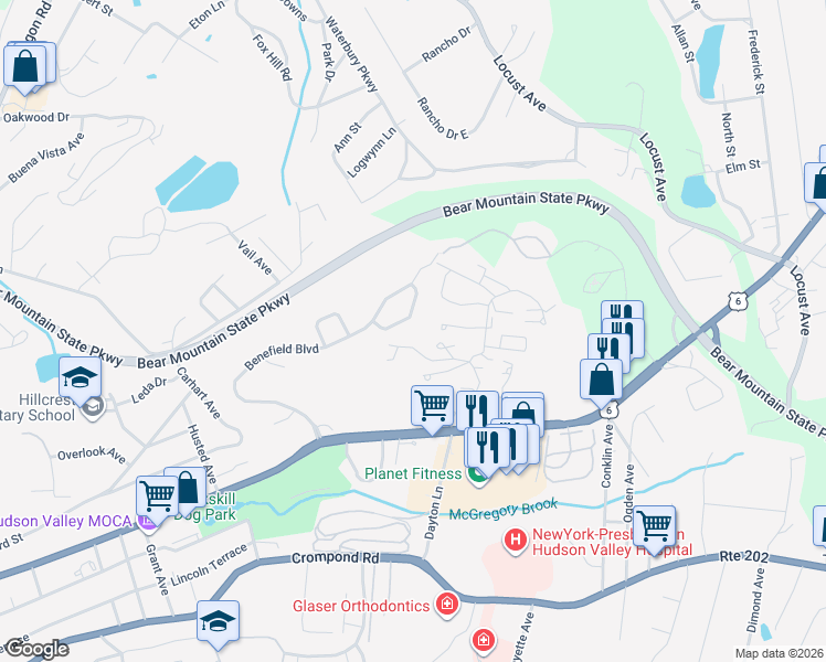 map of restaurants, bars, coffee shops, grocery stores, and more near 6 Mackellar Court in Peekskill