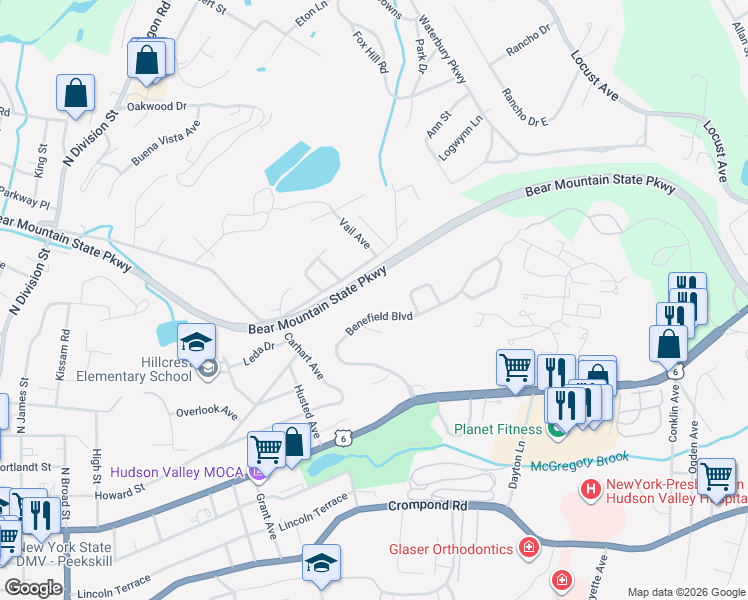 map of restaurants, bars, coffee shops, grocery stores, and more near 134 Benefield Boulevard in Peekskill