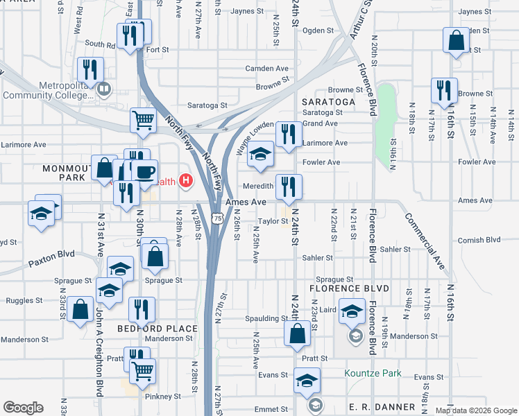 map of restaurants, bars, coffee shops, grocery stores, and more near 2519 Ames Avenue in Omaha