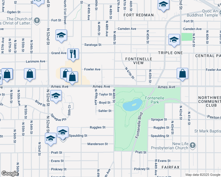 map of restaurants, bars, coffee shops, grocery stores, and more near 4825 Ames Avenue in Omaha