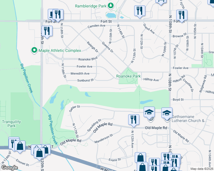 map of restaurants, bars, coffee shops, grocery stores, and more near 11417 Sunburst Street in Omaha