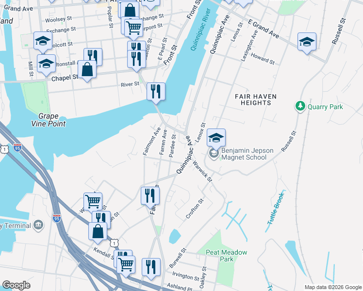 map of restaurants, bars, coffee shops, grocery stores, and more near 320 Quinnipiac Avenue in New Haven