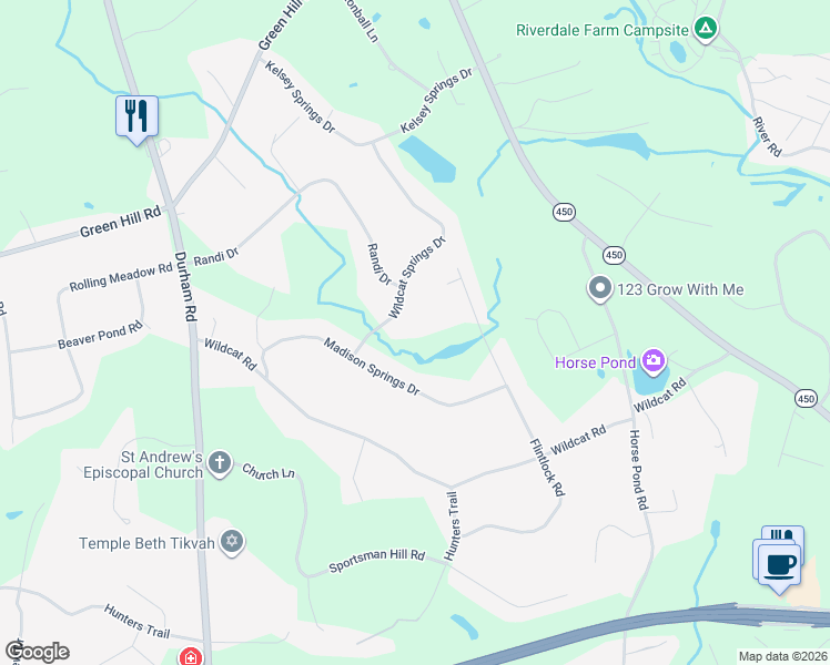 map of restaurants, bars, coffee shops, grocery stores, and more near 26 Wildcat Springs Drive in Madison