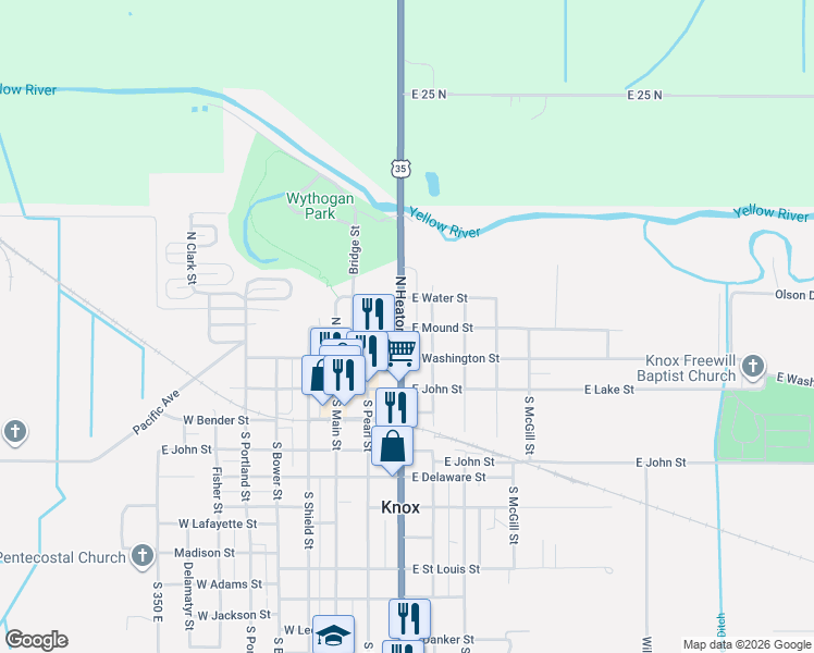 map of restaurants, bars, coffee shops, grocery stores, and more near 200 North Heaton Street in Knox