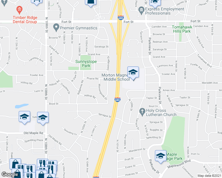 map of restaurants, bars, coffee shops, grocery stores, and more near 4419 Eastridge Drive in Omaha