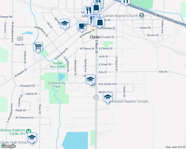 map of restaurants, bars, coffee shops, grocery stores, and more near 119 White Street in Clyde
