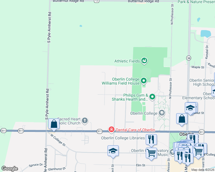 map of restaurants, bars, coffee shops, grocery stores, and more near 290 North Prospect Street in Oberlin