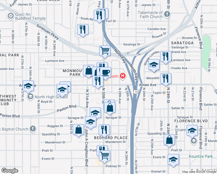 map of restaurants, bars, coffee shops, grocery stores, and more near in Omaha
