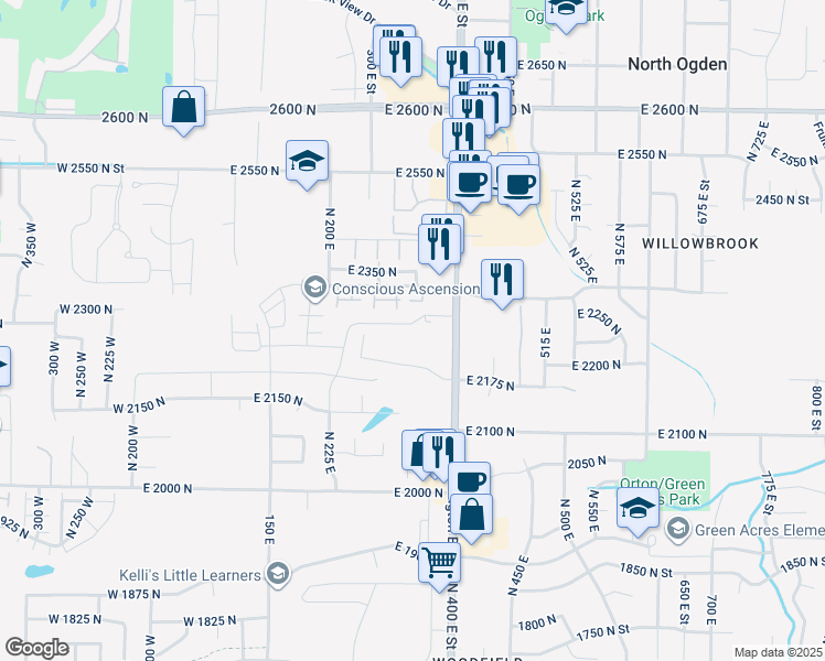 map of restaurants, bars, coffee shops, grocery stores, and more near 342 East 2275 North in North Ogden
