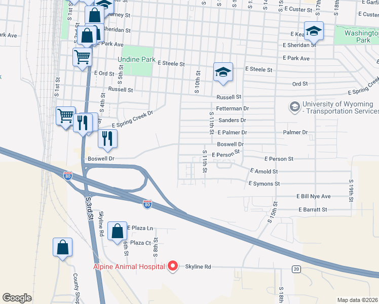 map of restaurants, bars, coffee shops, grocery stores, and more near 902 Boswell Drive in Laramie