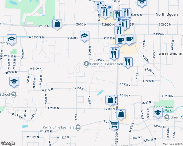 map of restaurants, bars, coffee shops, grocery stores, and more near 2265 North 225 East in North Ogden