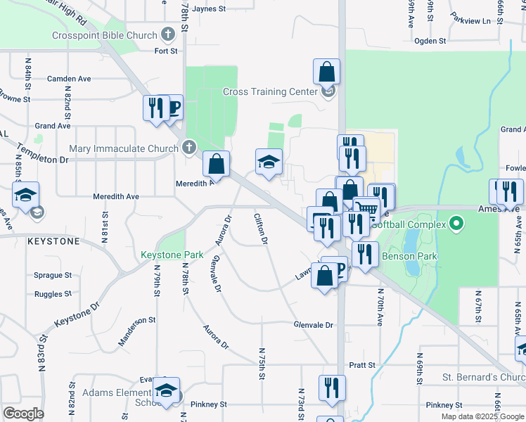 map of restaurants, bars, coffee shops, grocery stores, and more near 7503 Keystone Drive in Omaha