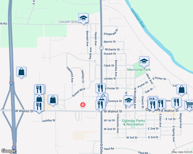 map of restaurants, bars, coffee shops, grocery stores, and more near 423 North Columbia Avenue in Oglesby