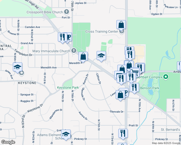 map of restaurants, bars, coffee shops, grocery stores, and more near 4415 Aurora Drive in Omaha