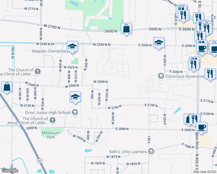 map of restaurants, bars, coffee shops, grocery stores, and more near 2267 North 225 West in Harrisville