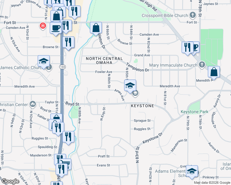 map of restaurants, bars, coffee shops, grocery stores, and more near 8535 Ames Avenue in Omaha