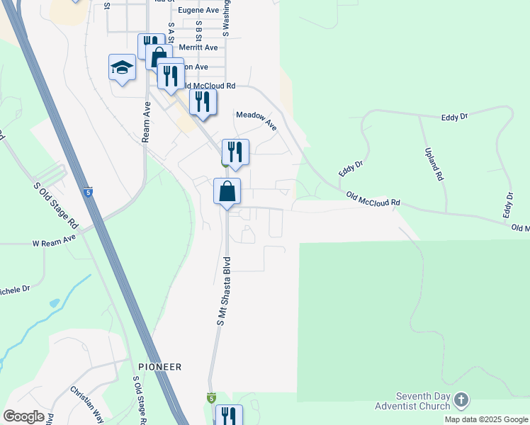 map of restaurants, bars, coffee shops, grocery stores, and more near 1501 Village Way in Mount Shasta