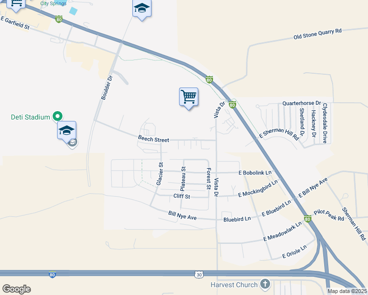 map of restaurants, bars, coffee shops, grocery stores, and more near 1703 Walsh Court in Laramie