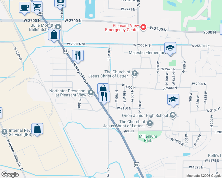 map of restaurants, bars, coffee shops, grocery stores, and more near 2270 750 West Street in Ogden