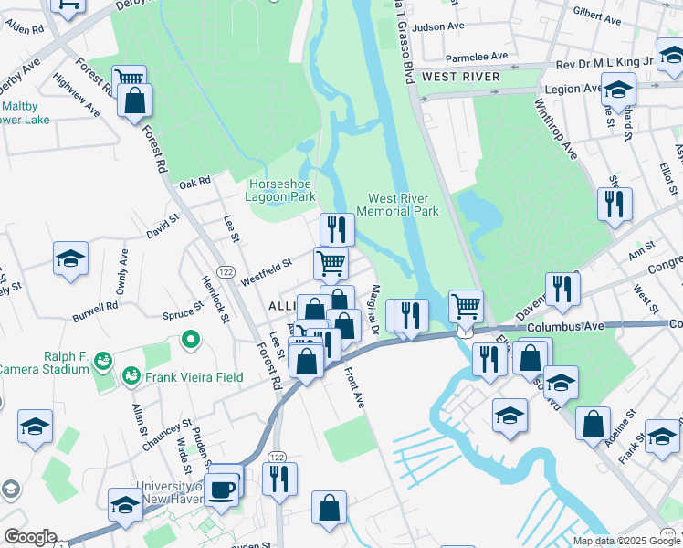 map of restaurants, bars, coffee shops, grocery stores, and more near 51 Orlando Street in West Haven