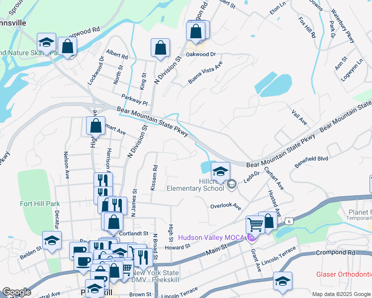 map of restaurants, bars, coffee shops, grocery stores, and more near 1 Rolling Way in Peekskill