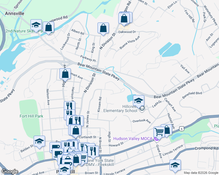 map of restaurants, bars, coffee shops, grocery stores, and more near 632 Kissam Road in Peekskill