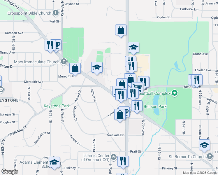 map of restaurants, bars, coffee shops, grocery stores, and more near 7372 Military Avenue in Omaha
