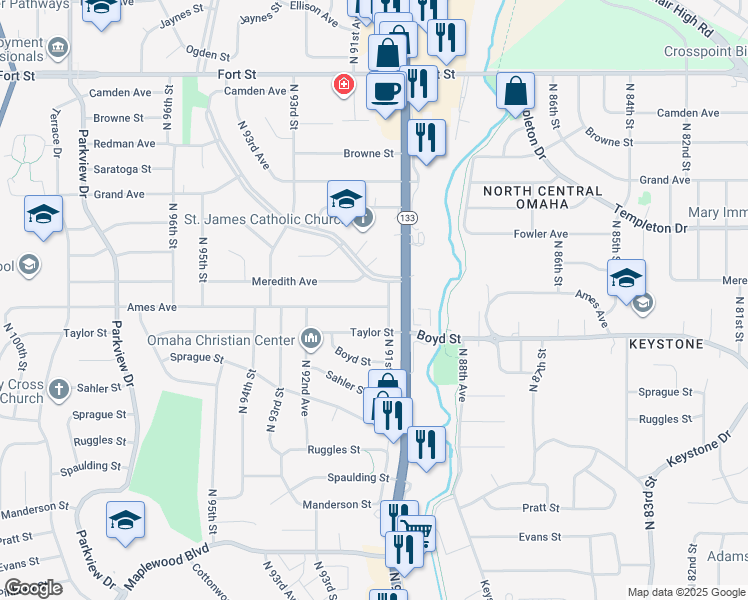 map of restaurants, bars, coffee shops, grocery stores, and more near 9118 Ames Ave in Omaha