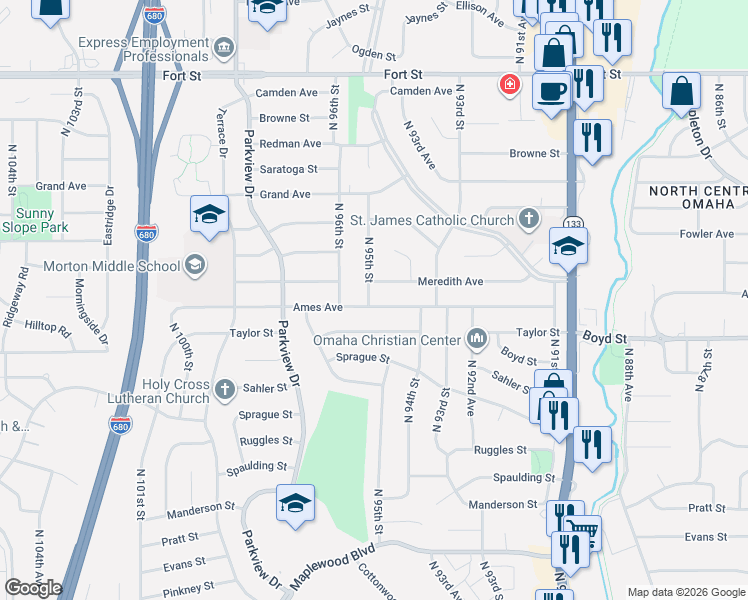 map of restaurants, bars, coffee shops, grocery stores, and more near 4512 North 95th Street in Omaha