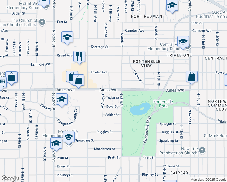 map of restaurants, bars, coffee shops, grocery stores, and more near 4825 Ames Avenue in Omaha