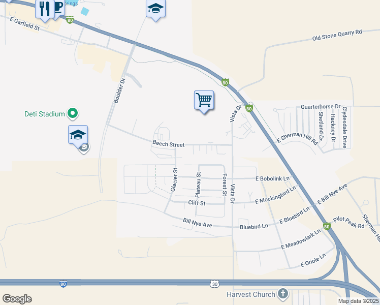 map of restaurants, bars, coffee shops, grocery stores, and more near 1703 Walsh Court in Laramie