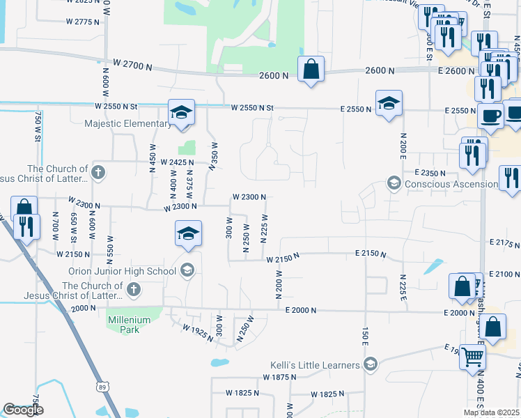 map of restaurants, bars, coffee shops, grocery stores, and more near 2267 North 225 West in Harrisville