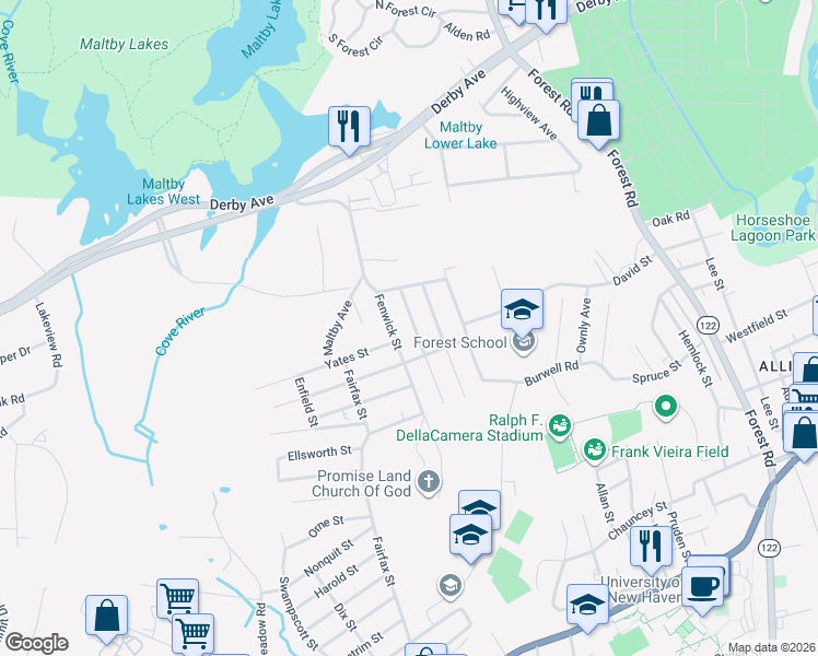 map of restaurants, bars, coffee shops, grocery stores, and more near 86 Enright Street in West Haven