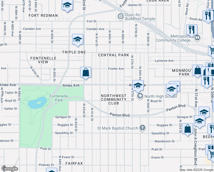 map of restaurants, bars, coffee shops, grocery stores, and more near 4001 Ames Avenue in Omaha