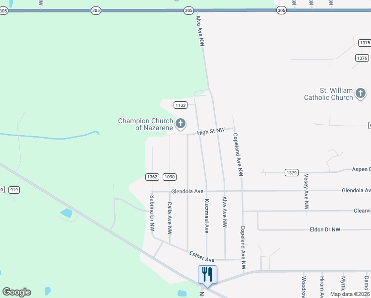 map of restaurants, bars, coffee shops, grocery stores, and more near 5299 Craig Avenue Northwest in Warren