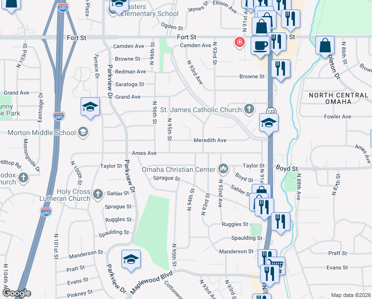 map of restaurants, bars, coffee shops, grocery stores, and more near 9418 Ames Ave in Omaha