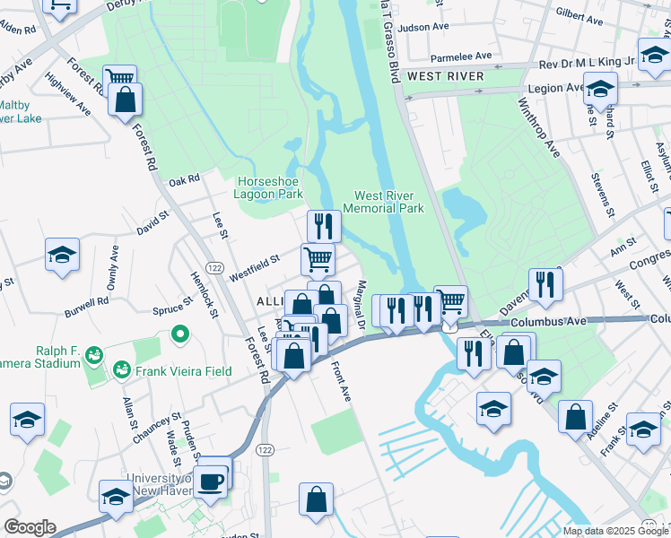 map of restaurants, bars, coffee shops, grocery stores, and more near 55 Orlando Street in West Haven