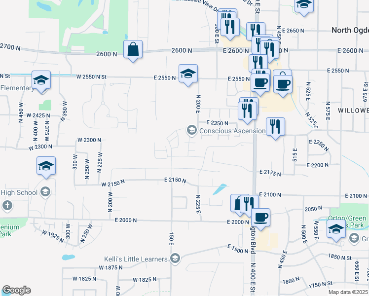 map of restaurants, bars, coffee shops, grocery stores, and more near 2245 North 175 East in North Ogden