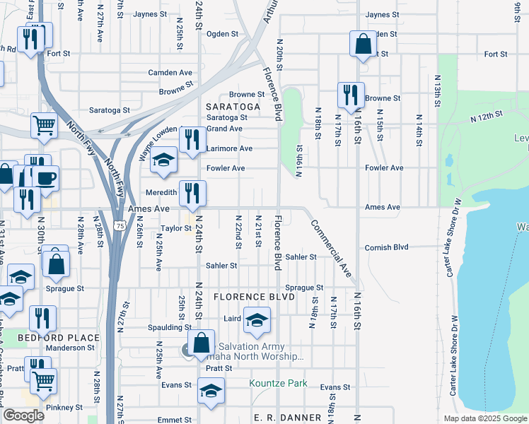 map of restaurants, bars, coffee shops, grocery stores, and more near 2017 Ames Avenue in Omaha