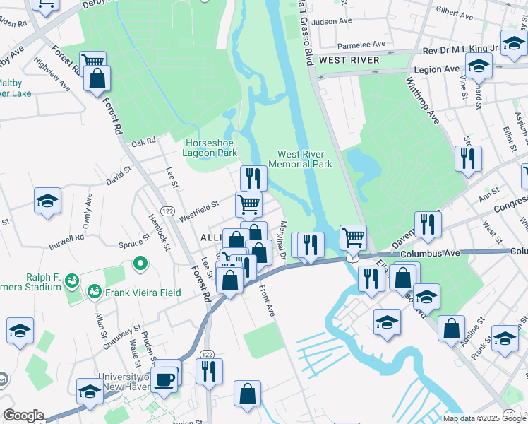 map of restaurants, bars, coffee shops, grocery stores, and more near 53 Orlando Street in West Haven