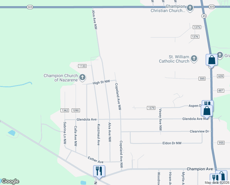 map of restaurants, bars, coffee shops, grocery stores, and more near 5293 Copeland Avenue Northwest in Warren
